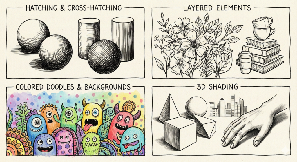 Unleash Your Creativity: 25+ Fun Doodle Art Ideas with Easy Step-by-Step Guides 10 Examples of advanced doodling techniques including cross-hatching for shading, layered elements, and colorful doodles with backgrounds