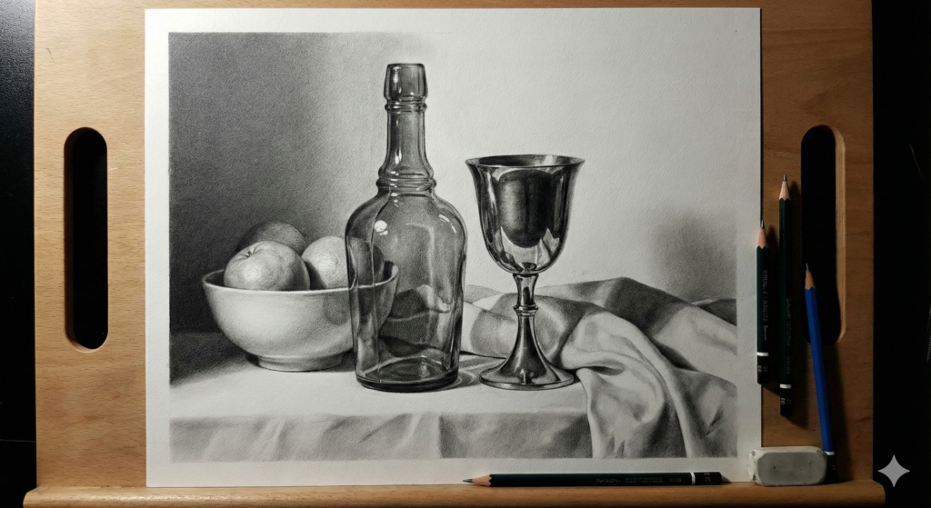 Advanced still life drawing showing mastery of values, chiaroscuro lighting, and edge variation creating depth