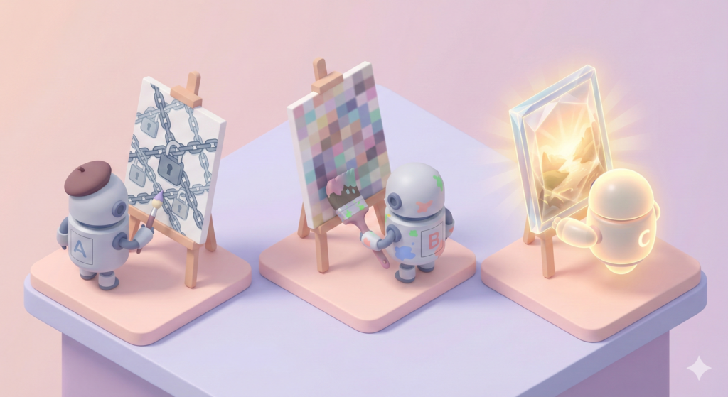 The Truth About Digital Watermarks: From SynthID to Removal Tools 5 Three robot artists demonstrating the difference between locked, low-quality, and clean watermark-free AI generation