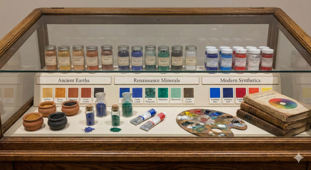 Beyond the Palette: Mastering Colours in Painting for Emotional Impact 5 Ancient and modern pigments displayed on a table
