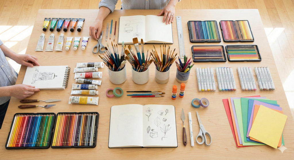 Organized collection of art and craft supplies featuring acrylic paints, watercolor sets, colored pencils, brushes, sketchpads, and crafting tools on a wooden table