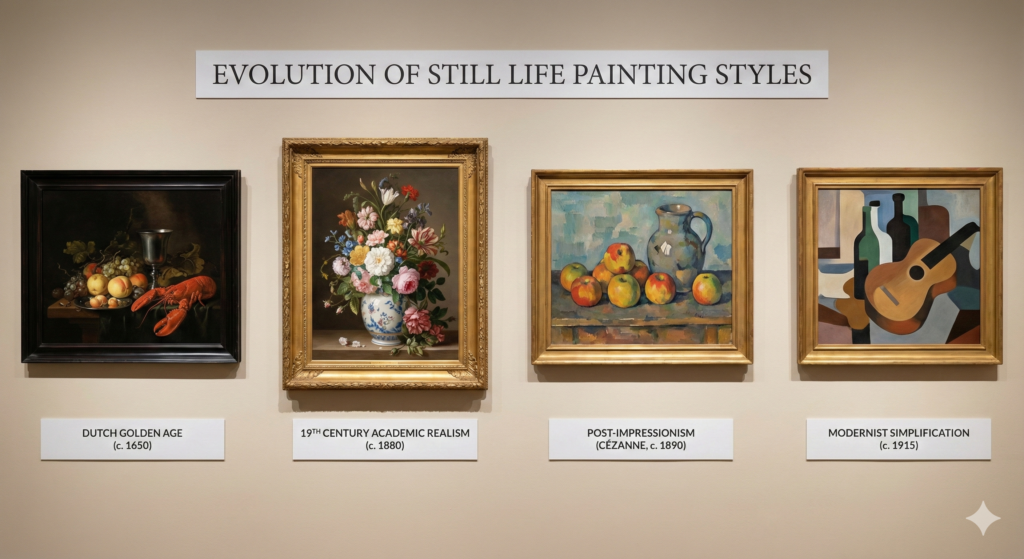Comparison of famous still life paintings from different art movements showing evolution of techniques and styles