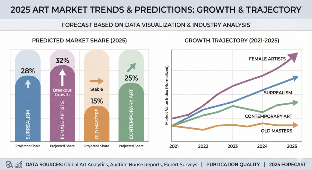 Art Auctions 2025: Record Sales, Market Trends & Investment Insights 9 Infographic chart showing projected art market trends for 2026 with arrows indicating growth sectors