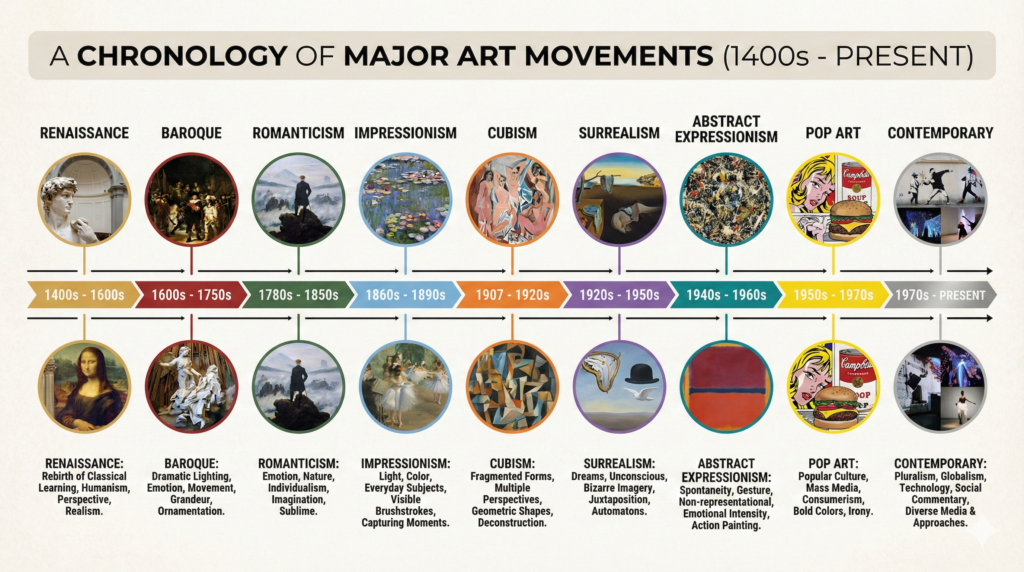 Understanding Popular Art Styles and Movements: Your Complete Guide 7 Popular Art Styles and Movements: An educational infographic showing the chronological timeline of major art movements from Renaissance through Contemporary Art, with visual examples and date ranges