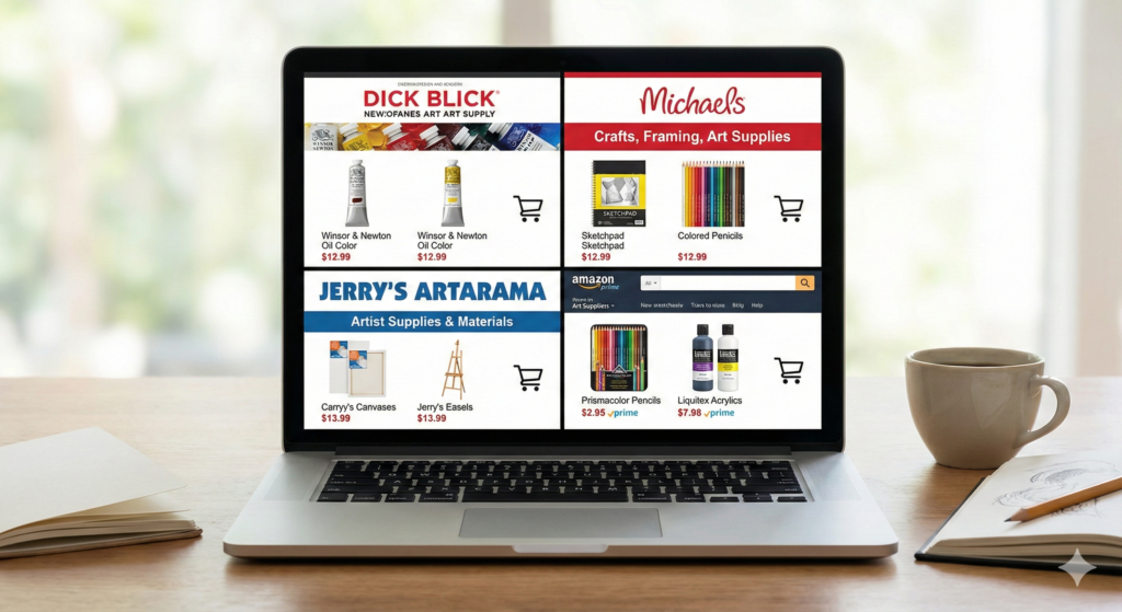 Computer screen displaying popular art supply retailers including Dick Blick, Michael's, and specialty online stores with product selections