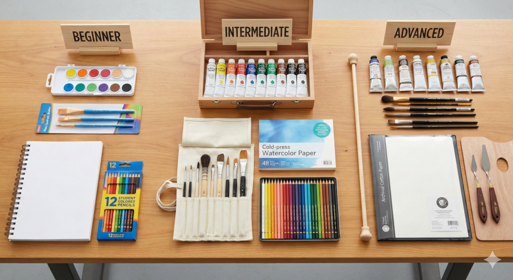 Three groupings of art supplies showing beginner basics, intermediate quality materials, and professional-grade artist tools and paints