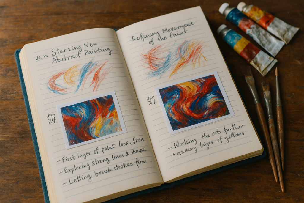 How to Know When an Abstract Painting is Finished: The Artist's Ultimate Guide 8 Open artist journal showing notes and small photos of abstract painting progress
