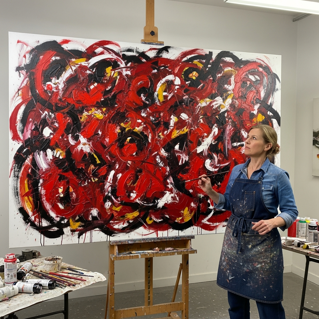 How to Know When an Abstract Painting is Finished: The Artist's Ultimate Guide 5 Artist squinting while examining large abstract expressionist painting on easel