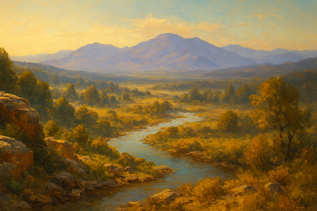 Professional landscape painting demonstrating expert atmospheric perspective with clear foreground middle ground and background
