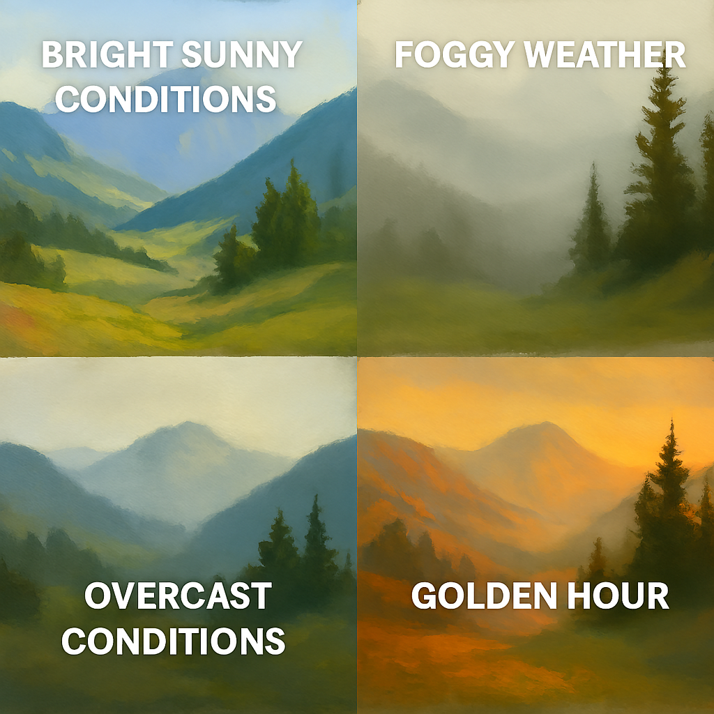 Four landscape paintings showing how atmospheric perspective changes under different weather conditions

