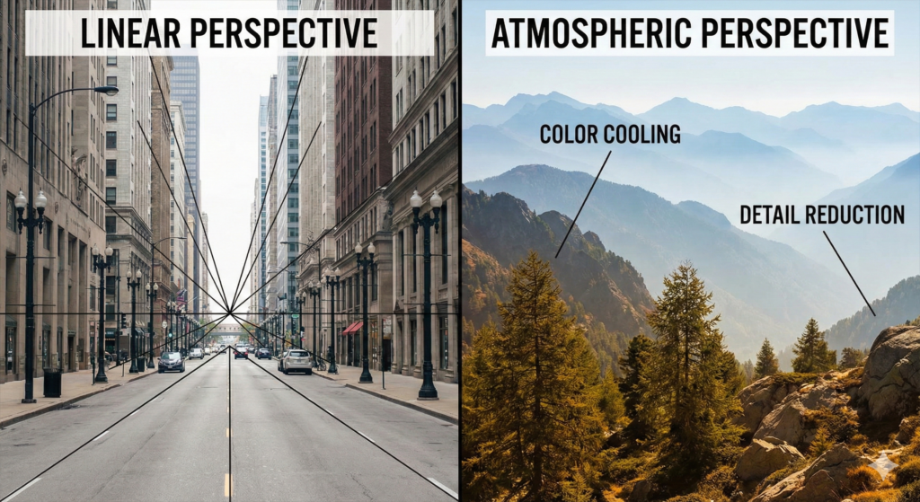 Side by side comparison of linear perspective street scene and atmospheric perspective landscape