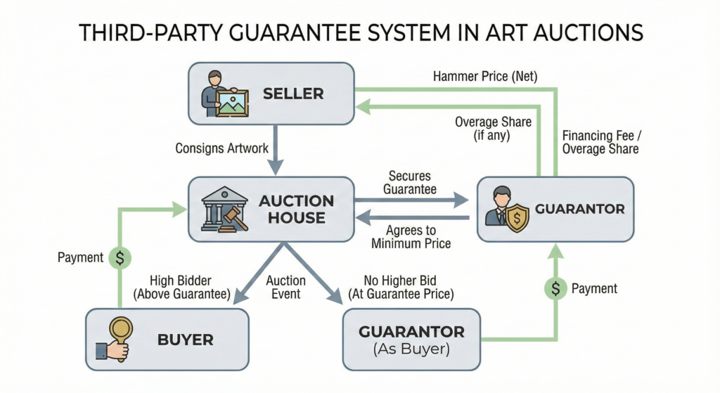 Art Auctions 2025: Record Sales, Market Trends & Investment Insights 8 Infographic showing how third-party guarantees work in art auctions with arrows connecting auction house, guarantor, and final buyer