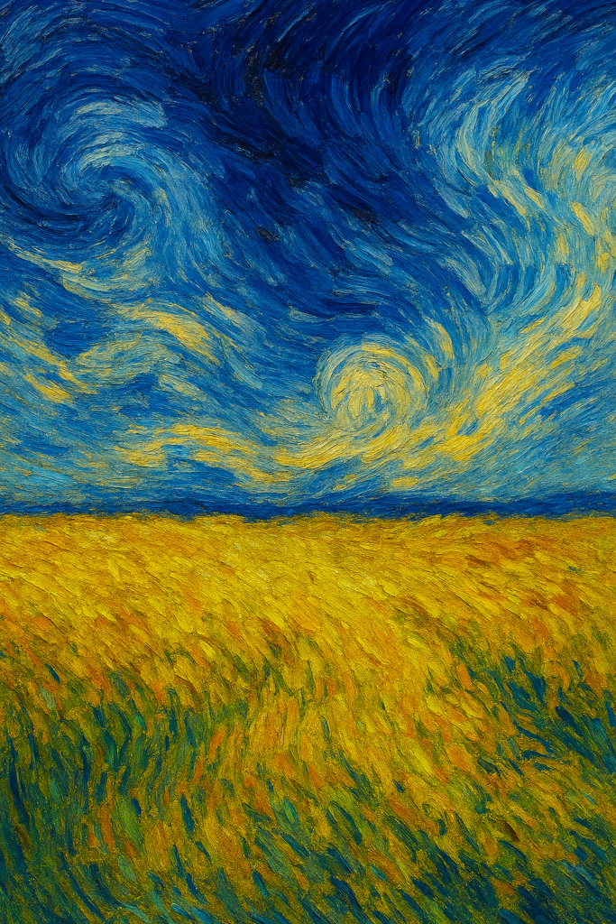 dramatic blue skies meet intense yellow swaying wheat fields
