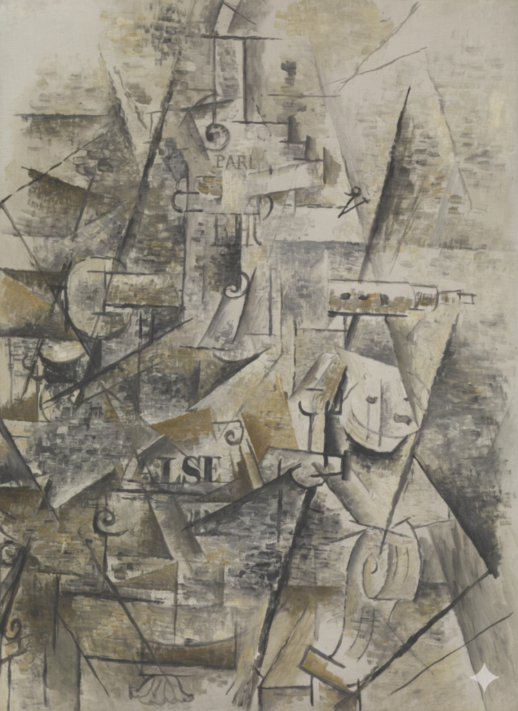 Top 10 Tate Modern Paintings: ai version of Clarinet and Bottle of Rum on a Mantelpiece (1911)