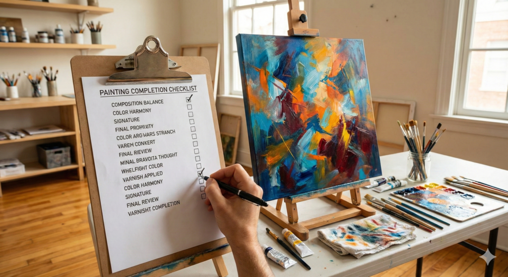 How to Know When an Abstract Painting is Finished: The Artist's Ultimate Guide 7 Artist's checklist on clipboard next to abstract painting on easel in studio