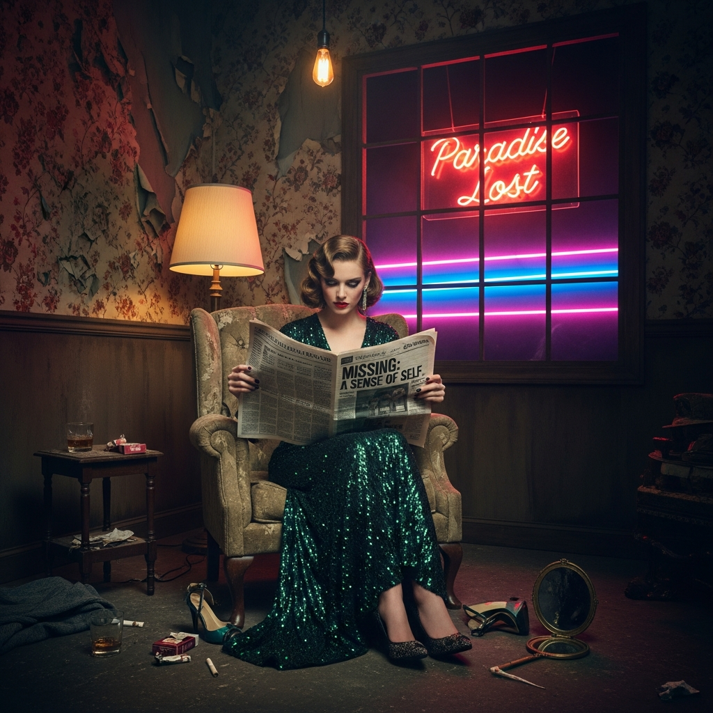 Conceptual fine art photography, influenced by Cindy Sherman, featuring a highly stylized figure in costume, illustrating the use of photography to explore narrative and deconstruct identity.