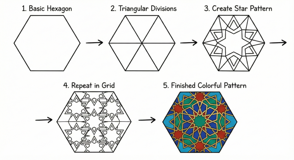 Step-by-step visual guide demonstrating the creation of a geometric star pattern from basic shapes