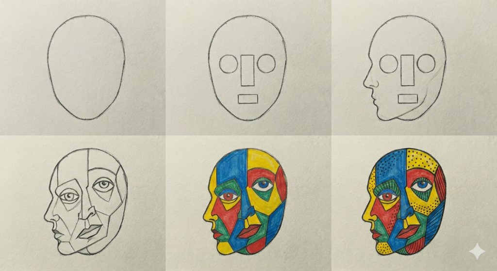 Step-by-step guide showing how to create a Picasso-style abstract face painting
