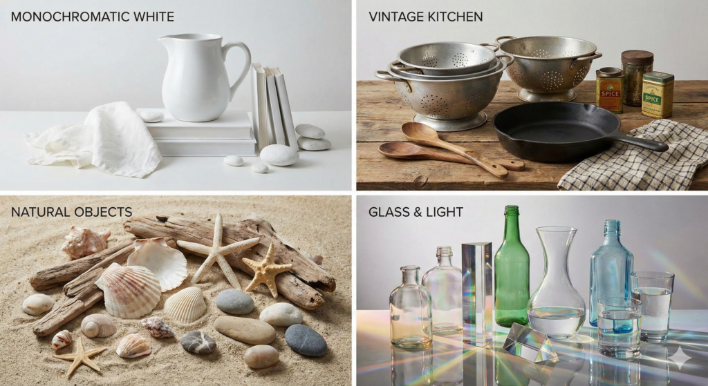 Various creative still life arrangements showing different themes, objects, and compositional approaches for drawing inspiration