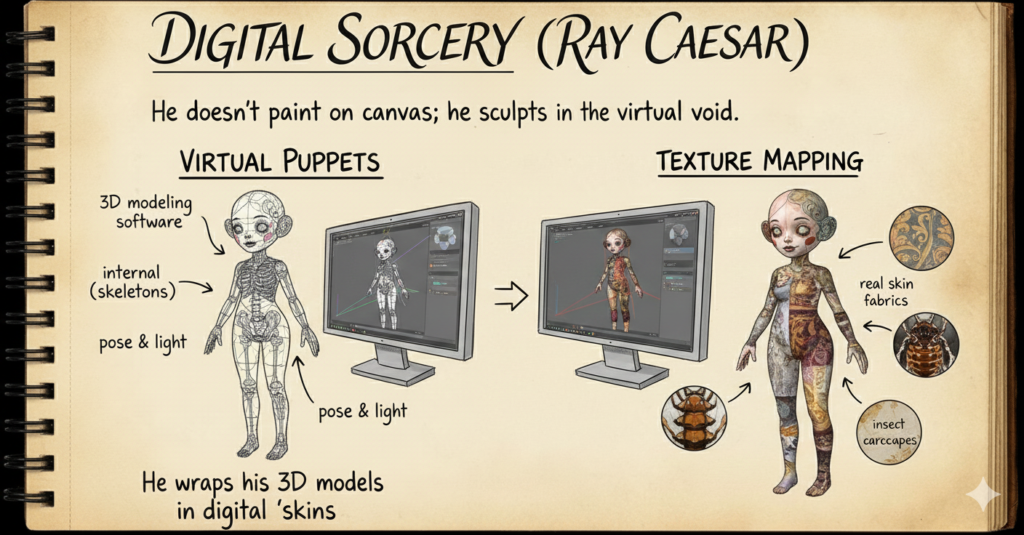 Ray Caesar represents the digital evolution. He doesn't paint on canvas; he sculpts in a virtual void.