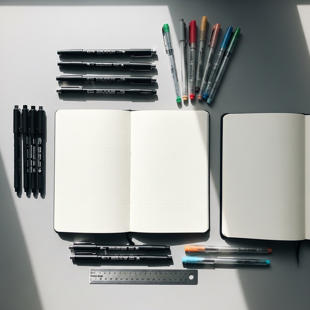 Unleash Your Creativity: 25+ Fun Doodle Art Ideas with Easy Step-by-Step Guides 4 Flatlay arrangement of doodling supplies including fineliner pens, gel pens, brush pens, and various sketchbooks