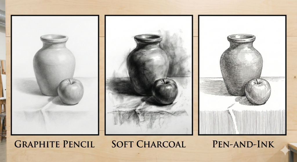Three versions of same still life drawn in graphite pencil, charcoal, and pen-and-ink showing different medium characteristics