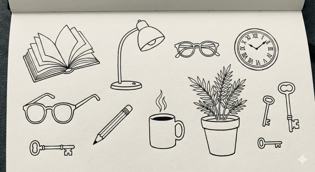 Unleash Your Creativity: 25+ Fun Doodle Art Ideas with Easy Step-by-Step Guides 8 Simple doodle illustrations of everyday objects like open books, desk lamps, and eyeglasses