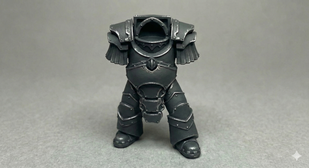 Drybrushing technique showing light paint catching raised edges and details on miniature armor 