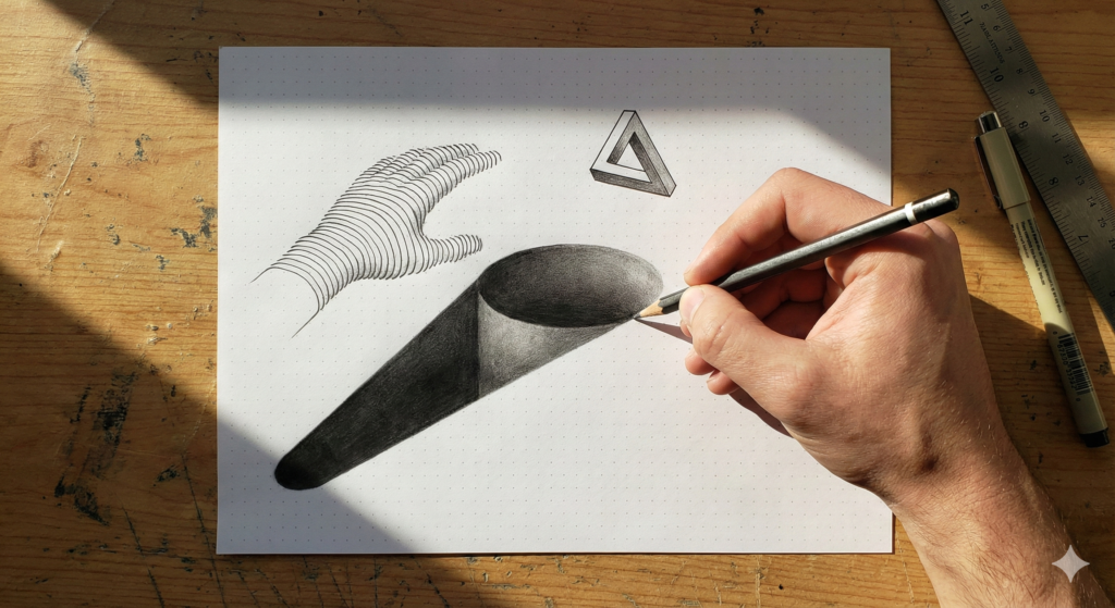 The Ultimate Guide to Easy Optical Illusion Drawings for Beginners 3 Easy Optical Illusion Drawings: Top-down close-up of a hand using a graphite pencil to shade a highly realistic 3D hole illusion on dot-grid paper. The drawing also features a 'Floating Hand' line illusion and an 'Impossible Triangle.' The artwork, lit by strong directional light creating high contrast shadows, rests on a wooden desk alongside a metal ruler and a fine-liner pen.