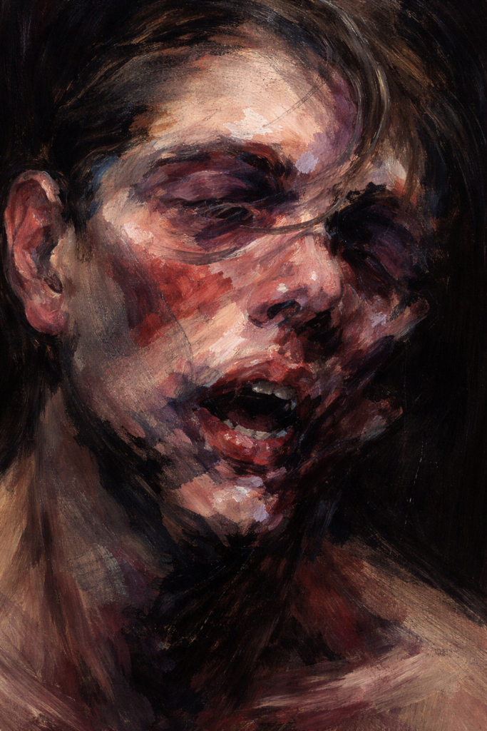 Francis Bacon style painting detail showing distorted human features and visceral brushwork