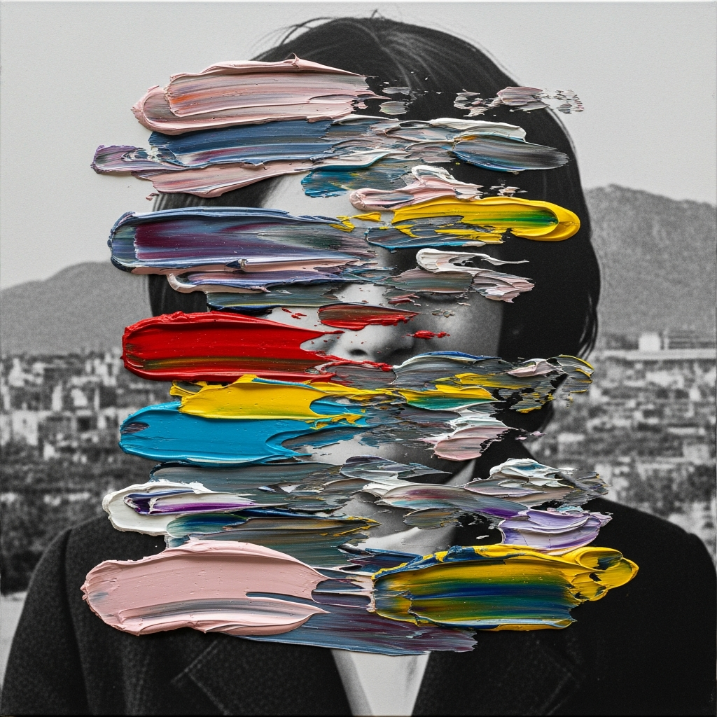 Close-up of a Gerhard Richter-style painting, showing a blurred, photorealist image where a squeegee has dragged the wet paint, blending the mechanical precision of a photograph with the physical hand of the painter.