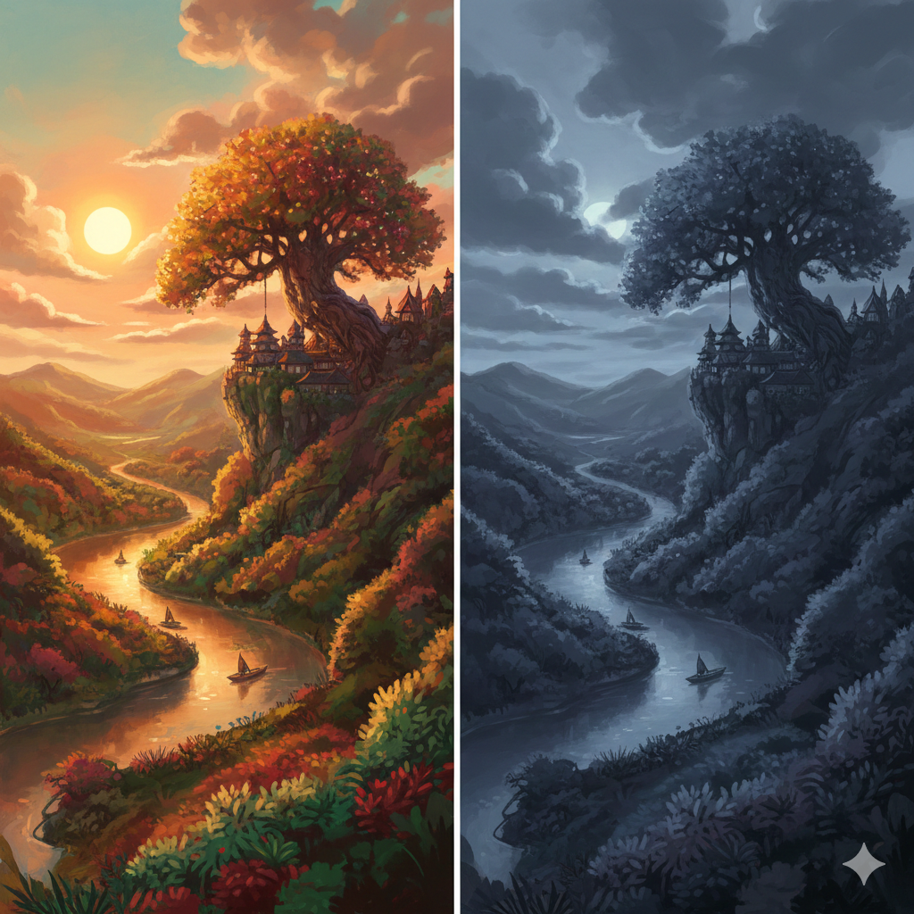 Side-by-side comparison of Studio Ghibli background art showing how color and lighting convey different emotional states