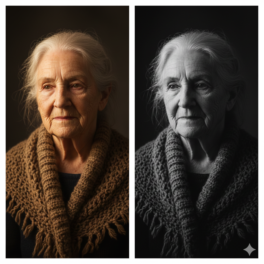 AI-generated portrait shown in color and grayscale to demonstrate value structure analysis