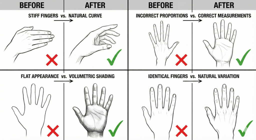 Mastering Drawings in Hands: A Comprehensive Guide to Realistic Hand Art 7 Before and after comparison showing common hand drawing errors and their corrections with proper technique