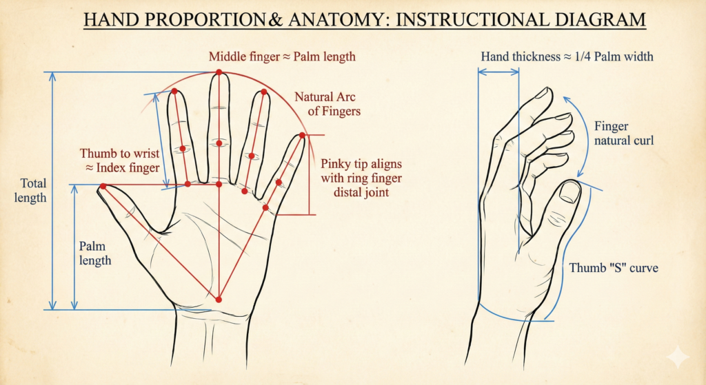 Mastering Drawings in Hands: A Comprehensive Guide to Realistic Hand Art 4 Illustrated guide showing proper hand proportions and finger length measurements for accurate drawing