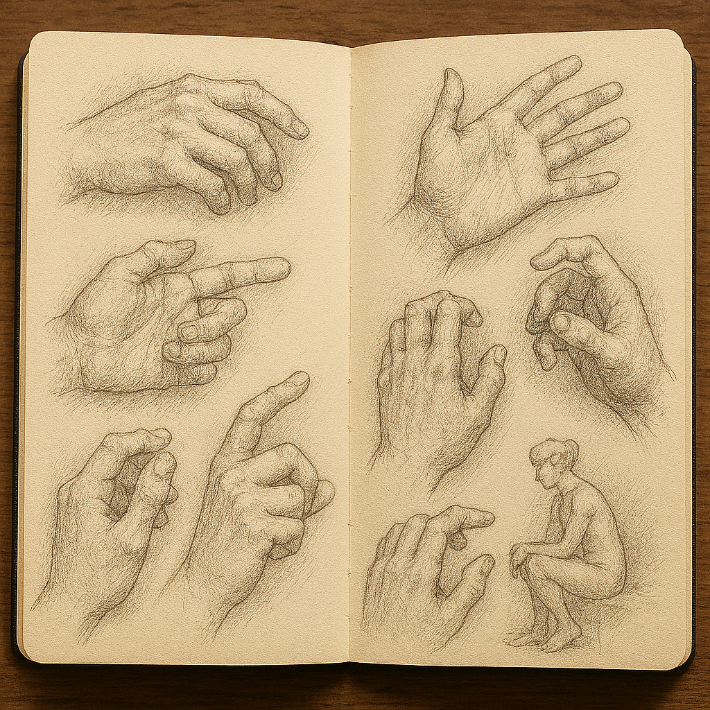 Mastering Drawings in Hands: A Comprehensive Guide to Realistic Hand Art 9 Open sketchbook showing multiple pages filled with various hand drawing studies and practice sketches