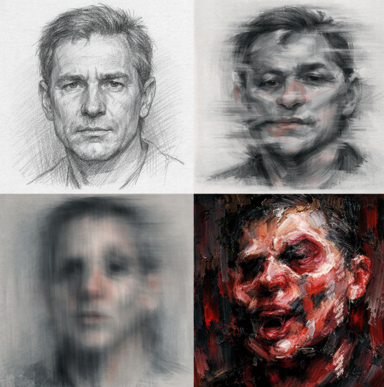 Four-stage painting process showing traditional sketch transforming into distorted Bacon-style portrait 