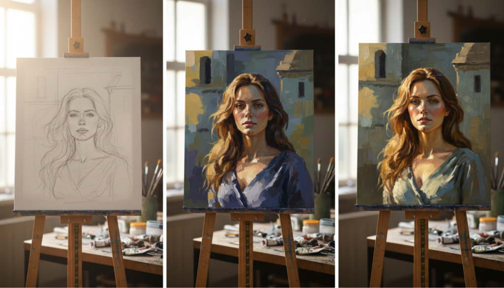 3 panes showing oil painting layering