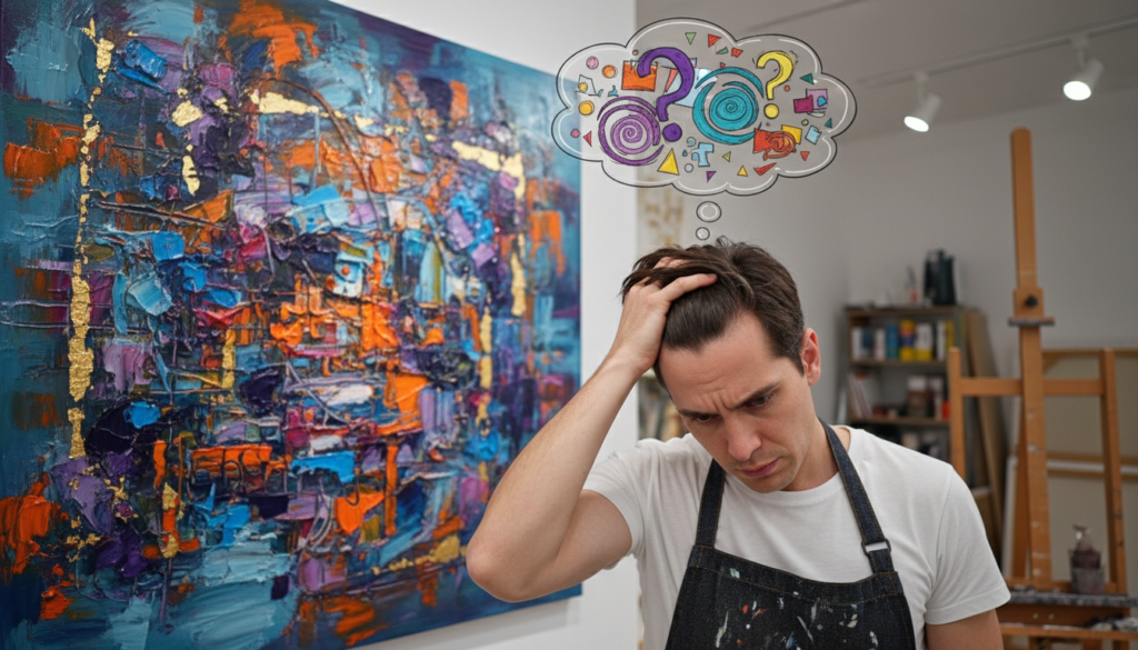 can art be neutral? artist pondering the problem in front of his canvas