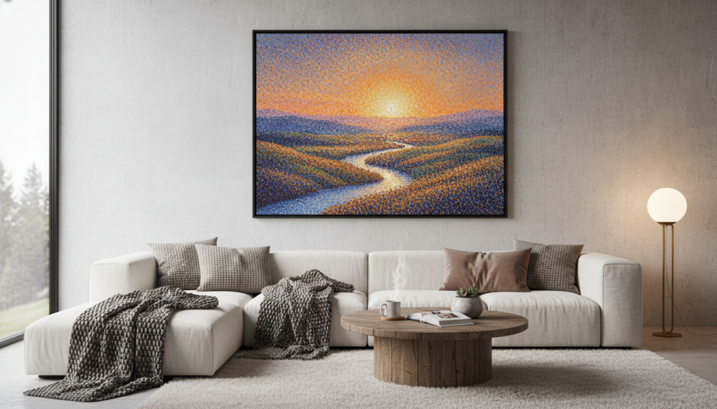 Landscape q tips painting in lounge setting