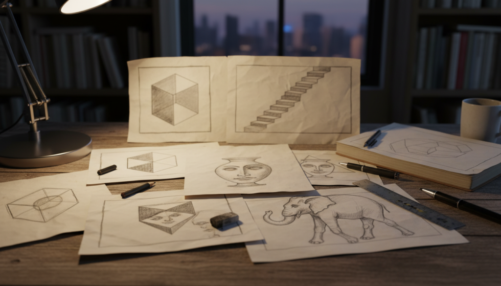Collection of optical illusion sketches on a desk image 5