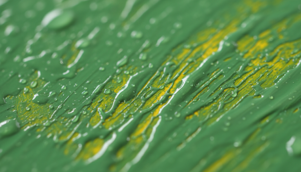 Macro photography of wet green acrylic paint with thin lines scratched through it revealing a yellow underlayer