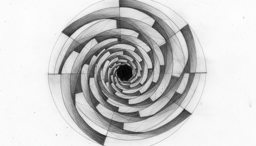 Pencil drawing of a geometric optical illusion vortex Easy optical illusion drawings: A black and white geometric drawing of a vortex or tunnel. Lines radiate from a center point, and curved lines connect them, creating a checkerboard pattern that appears to spin and recede into the distance due to the high contrast.