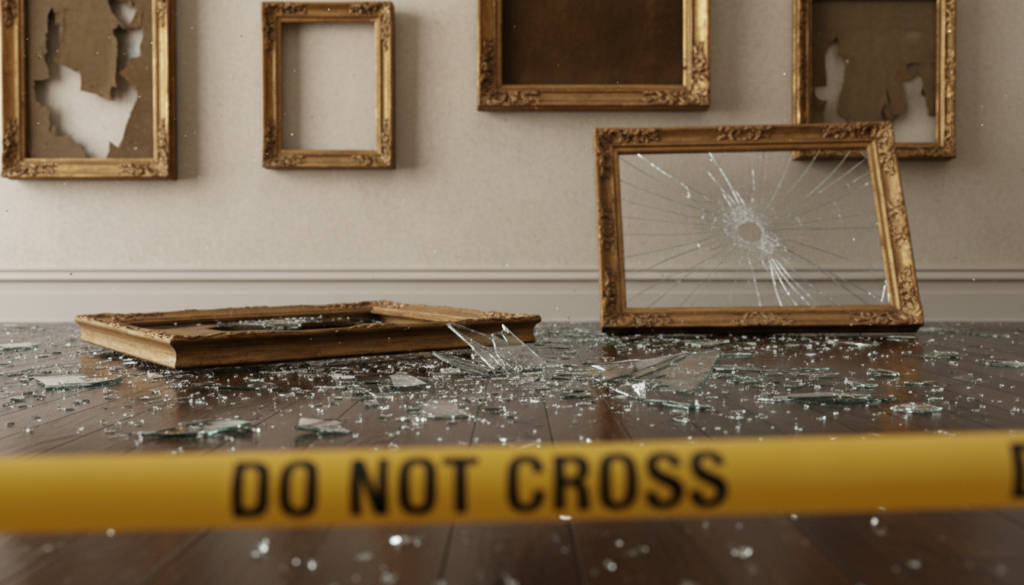Heist at the Museum and shattered frames and glass