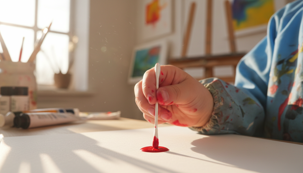 Pointillism for Kids: 5 Easy Q-Tip Art Projects & The Science of Dots 3 Pointillism for kids: adding a spot of paint to worksurface