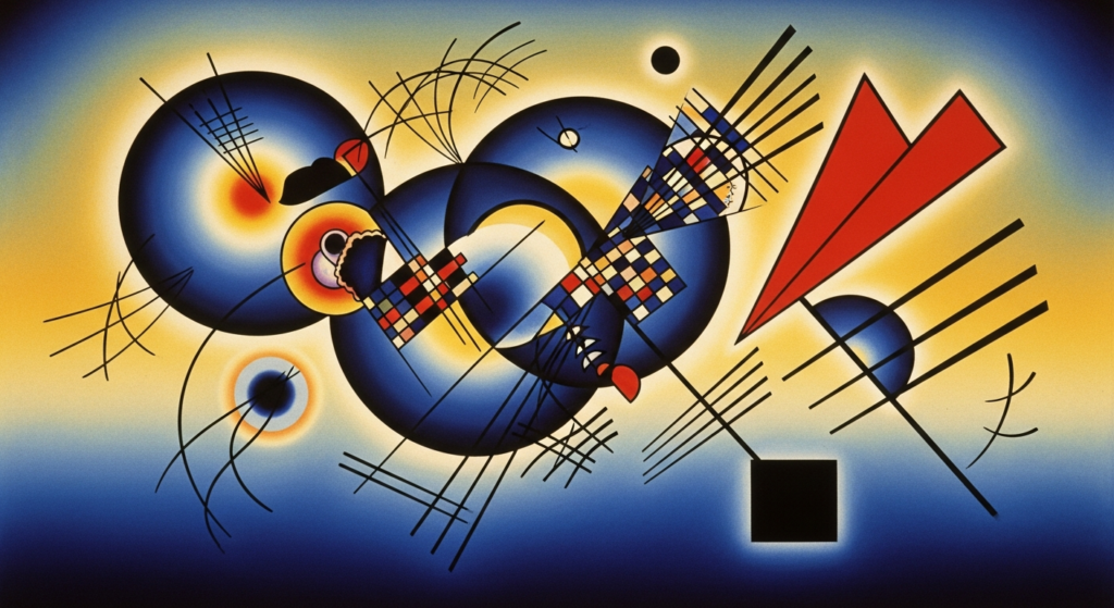 Kandinsky style abstract painting with colorful geometric shapes circles triangles and dynamic lines