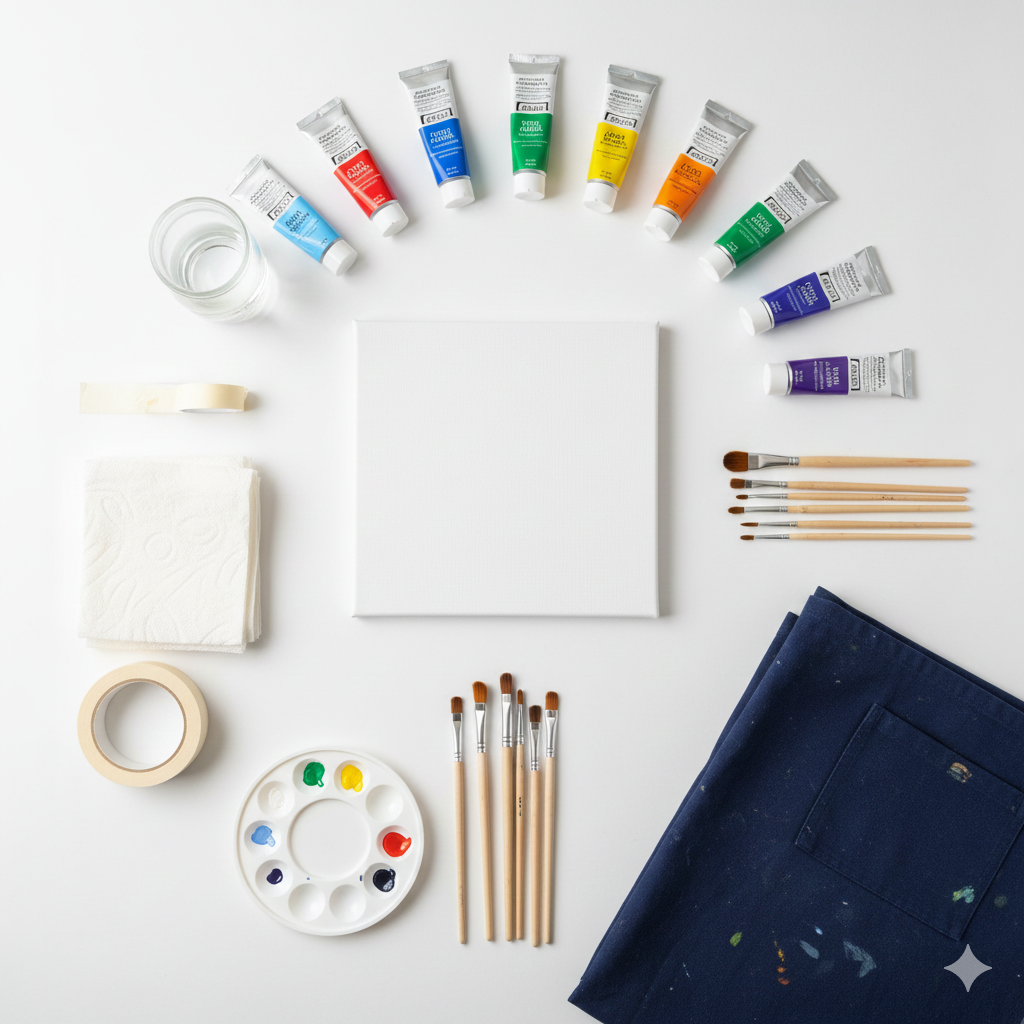 Abstract painting supplies for beginners including acrylic paints brushes canvas and palette