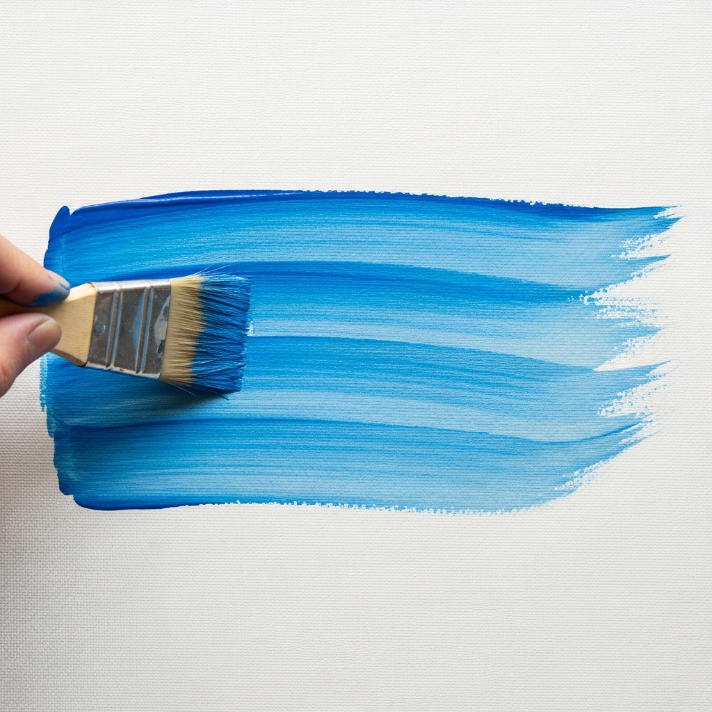 Artist applying blue background wash to canvas with wide brush for Kandinsky abstract painting