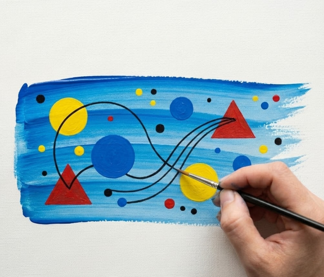 Adding black lines and colorful dots to geometric shapes in Kandinsky style abstract art