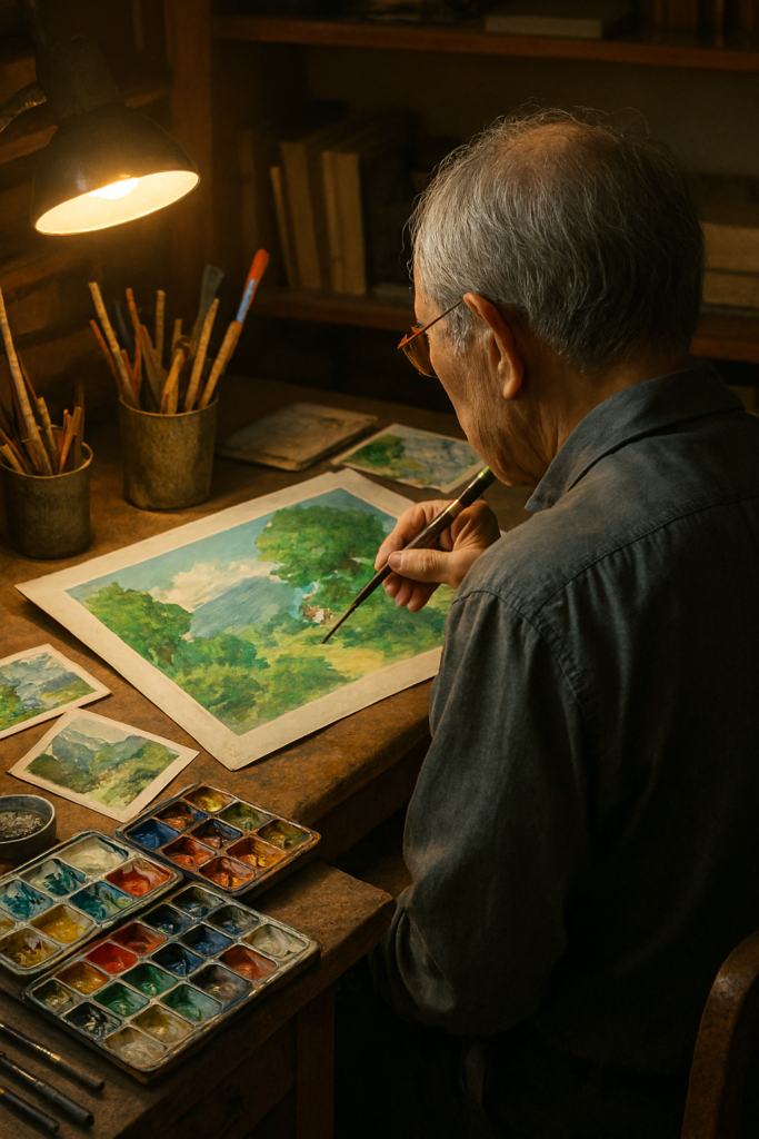Legendary Studio Ghibli background artist creating a detailed watercolor landscape painting at his workspace